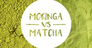 moringa vs. matcha concept on green background