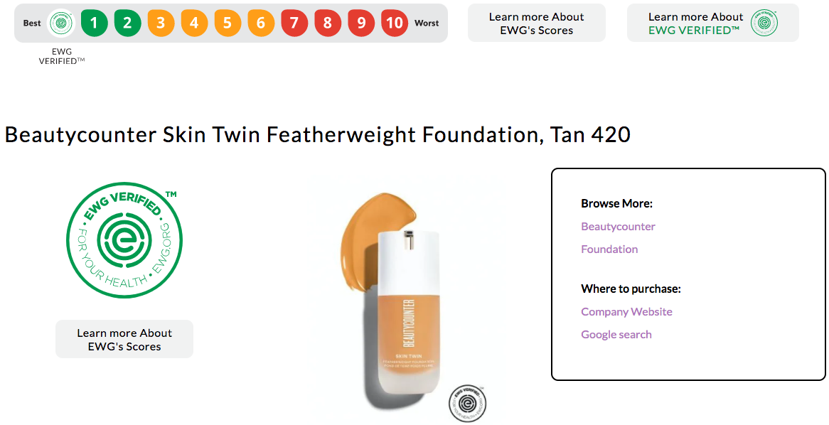 screenshot of Beautycounter foundation product detail in EWG Skin Deep Database