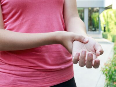photo of woman experiencing wrist pain, holding wrist
