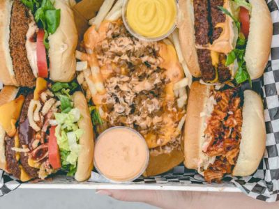 photo of a big tray of fast food burgers and sandwiches