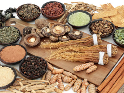 Adaptogen food assortment with herbs, spices and supplement powders. Used in herbal medicine to help the body resist the damaging effect of stress and restore normal physiological functioning