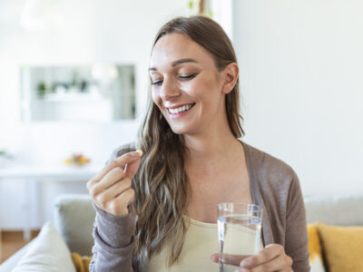 photo of smiling woman taking probiotic pill with water