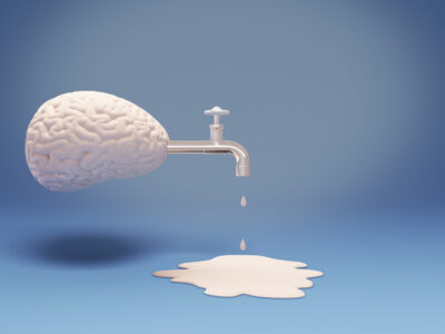 photo of brain with faucet dripping; leaky brain concept