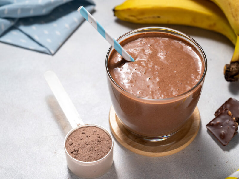 Protein chocolate shake with banana, protein powder and cocoa

