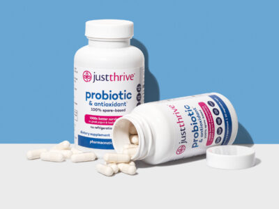 Just Thrive Probiotic 30 and 90 count on blue and white background