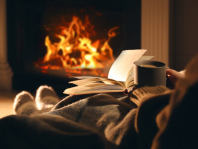 Woman with cup of tea and book near fireplace at home; hygge life concept