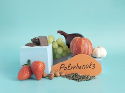 photo of polyphenols foods on a blue background with sign that says polyphenols