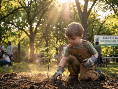 young boy planting a tree at an Earth Day celebration