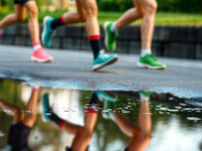 Runners' legs reflected in a puddle on the road; run club